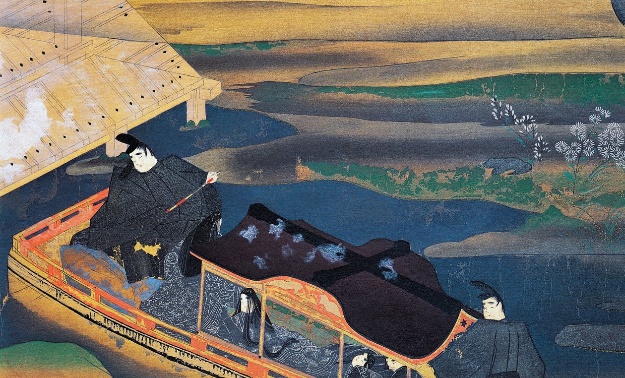 Boot im Mondlicht, Illustration aus dem Tagebuch der Murasaki Shikibu, Japanische Zivilisation von Japanese School