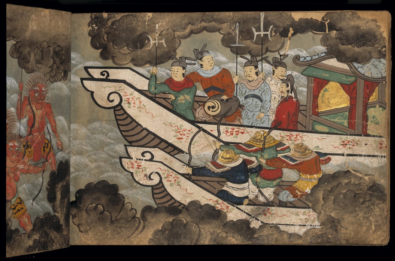Chinesische Soldaten auf Schiffen, Illustration aus dem 