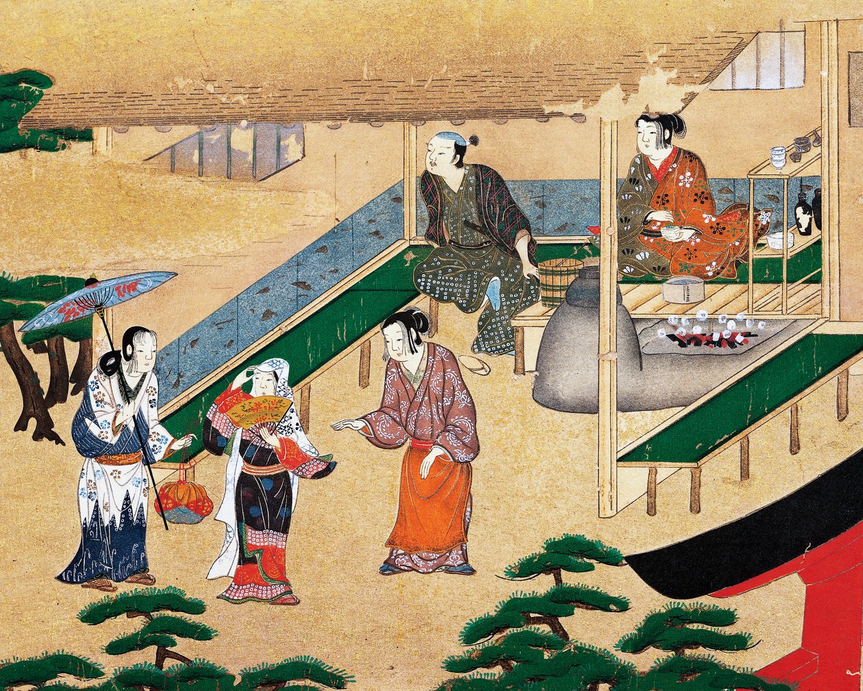 Im Inneren eines Hauses am Stadtrand von Kyoto, Ukiyo-e, Seidenmalerei, Schule von Tosa, japanische Zivilisation von Japanese School