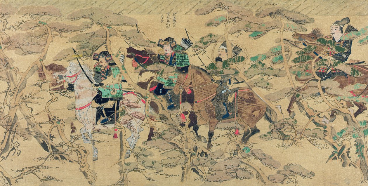 Japanische Soldaten zu Pferd reiten durch einen Kiefernwald während der mongolischen Invasion Japans im Jahr 1274, Illustration aus der Kokka-Zeitschrift, Mai 1921 von Japanese School