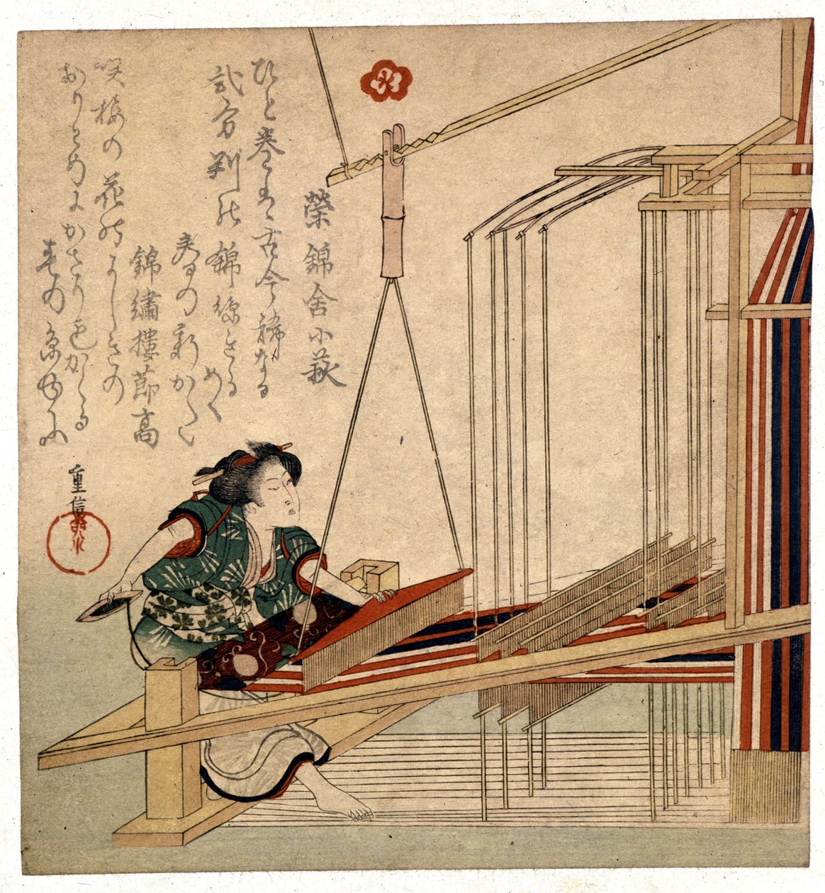 Japanische Frau mit ihrem Webstuhl, Druck Ende des 19. Jahrhunderts. Genua. Museo Chiossone von Japanese School