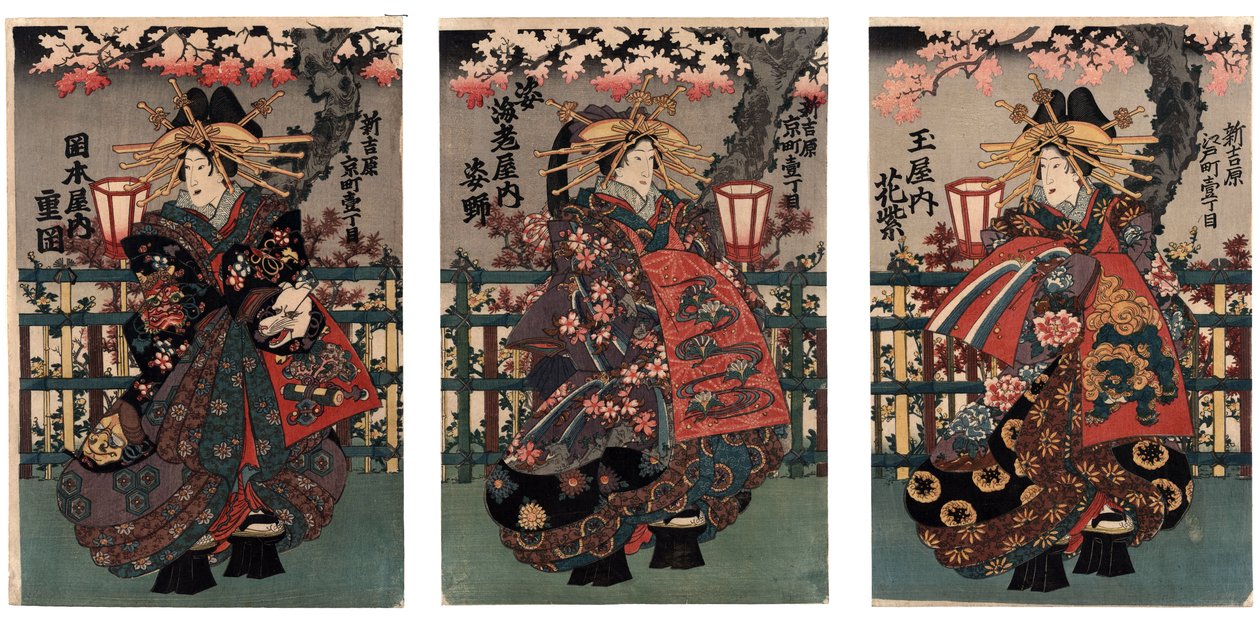Kurtisanen Shigeoka, Sugatano und Hanamurasaki. Triptychon. Aus der Serie Die Schönheiten von Yoshiwara von Japanese School