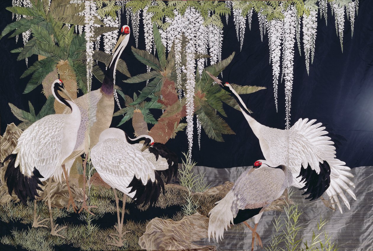 Stickerei mit Kranichen, Palmfarnen und Glyzinien von Japanese School