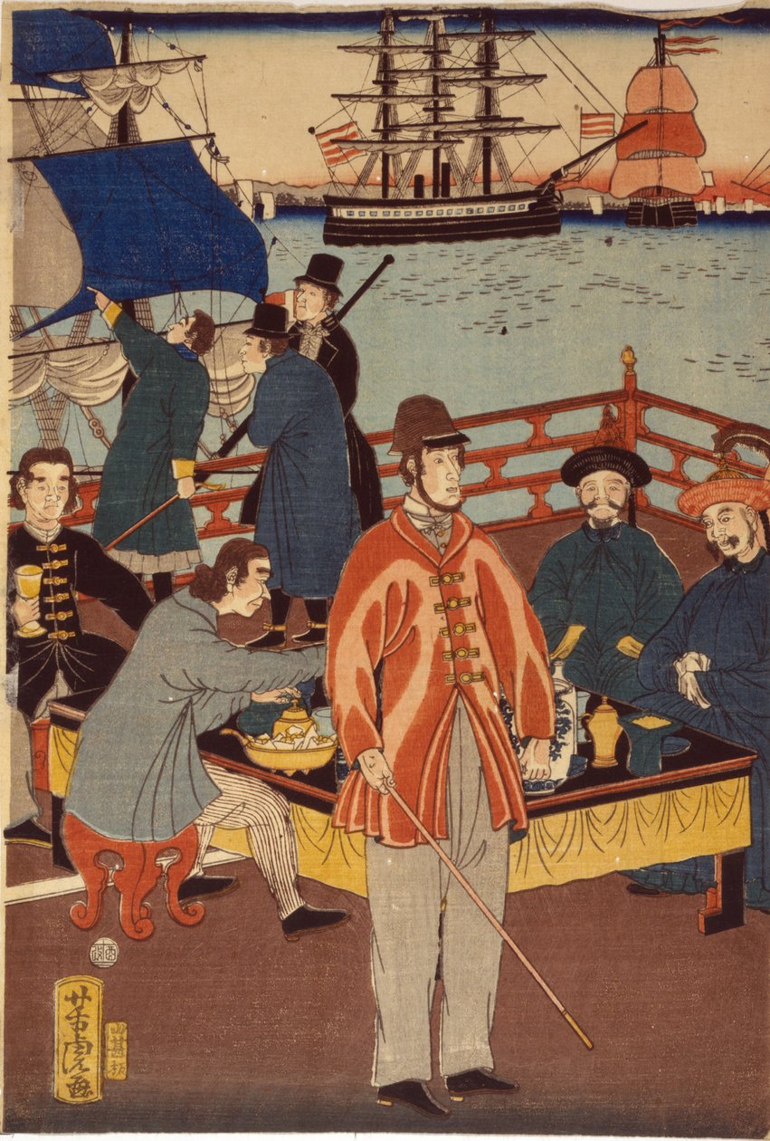 Ein Druck des Triptychons zeigt europäische Kaufleute, die mit Japanern Erfrischungen zu sich nehmen. Im Hintergrund sind Schiffe im Hafen von Yokohama, Japan. von Japanese School