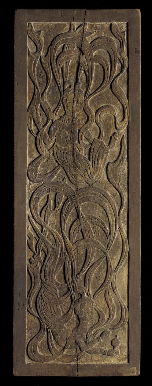 Tafel mit Flachrelief-Schnitzerei buddhistischer Apsaras von Japanese School