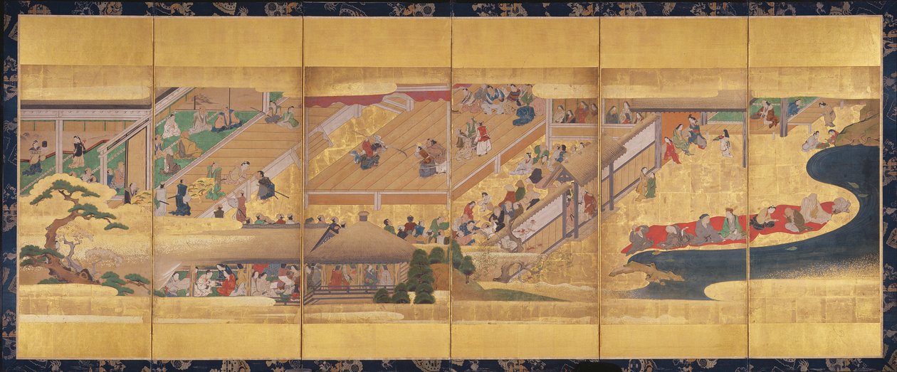 Sechsteiliges Paravent mit dem Noh-Spiel Funa-Benkei, ca. 1660 von Japanese School