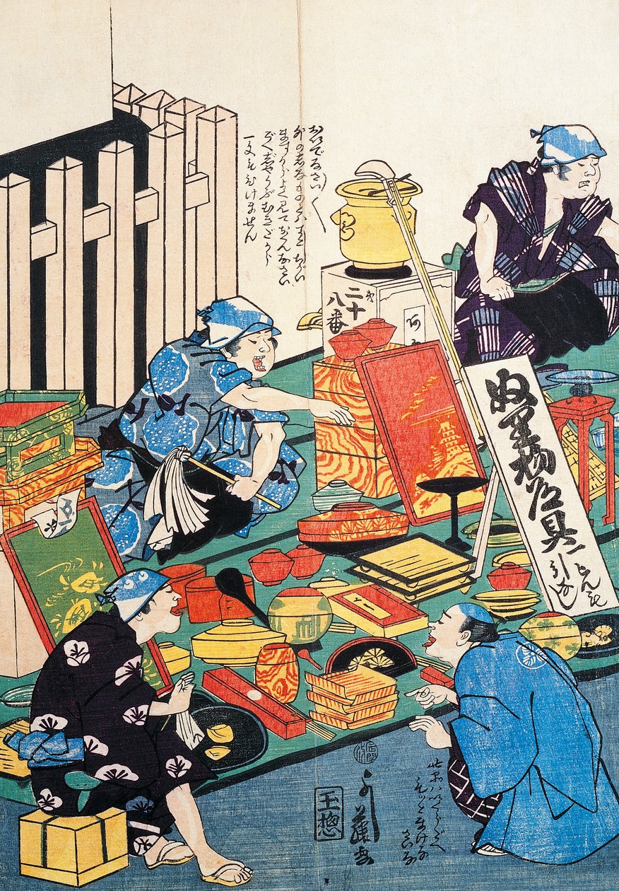Stand mit Kisten, Fächern, Büchern und Kakemonos von Japanese School