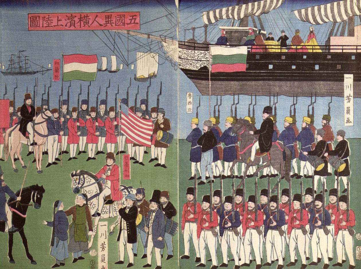 Die Ankunft des Geschwaders von Commodore Perry in einem japanischen Hafen im Jahr 1853 (Farbholzschnitt) von Japanese School