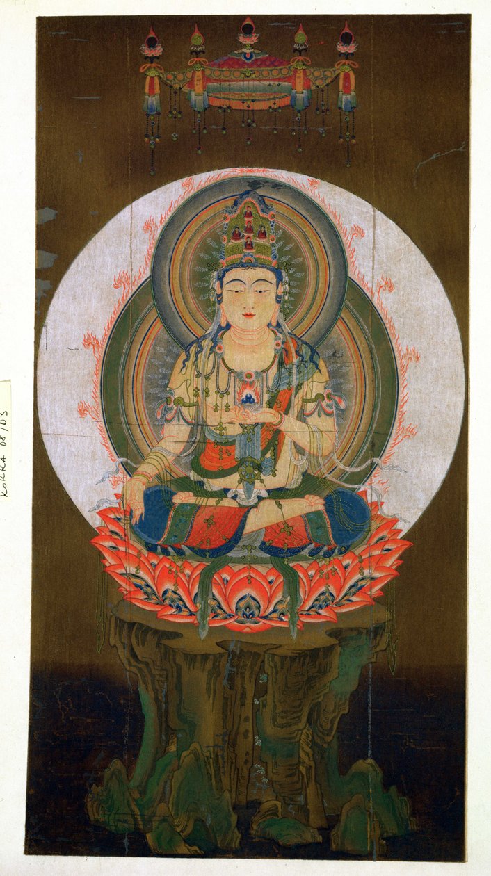 Der Bodhisattva Akashagarba hält das Cintamani (wunscherfüllendes) Juwel in der linken Hand und sitzt auf einer Lotusblume, Illustration nach einem Kakemono aus dem 9. Jahrhundert aus dem Tempel von Daigo von Japanese School