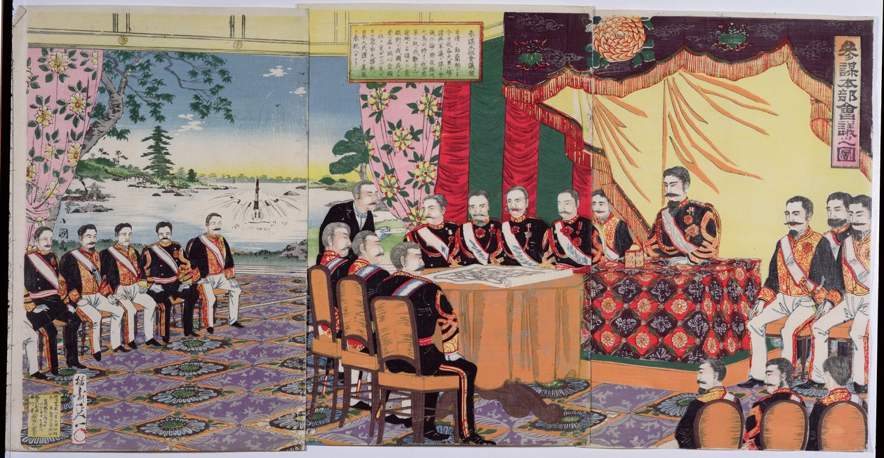 Der Kaiser Mutsuhito (1852-1912) hält einen Kriegsrat, eine Episode aus dem Chinesisch-Japanischen Krieg, späte 19. Jahrhundert von Japanese School