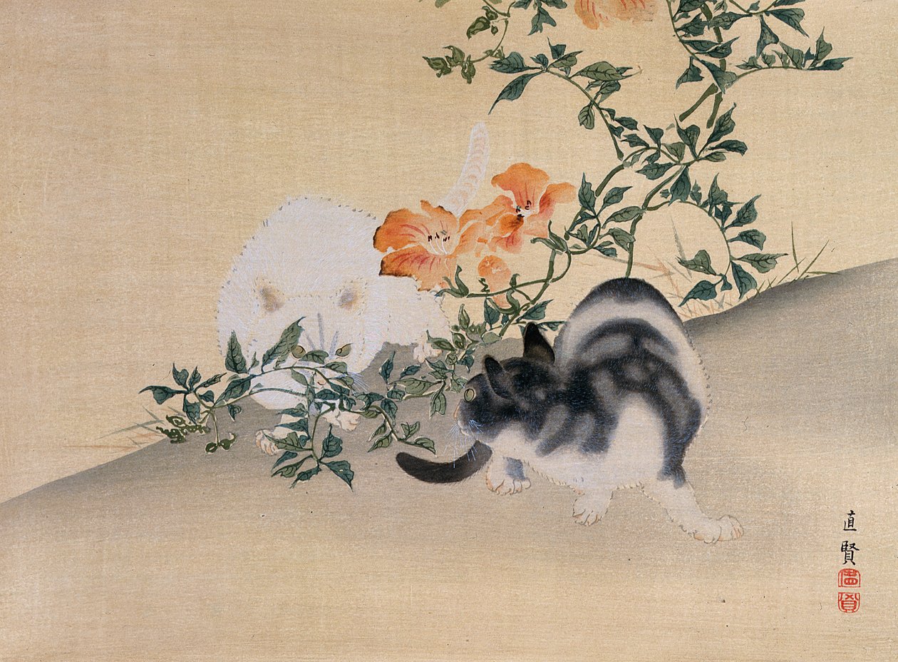 Zwei Katzen, Illustration aus The Kokka magazine, 1898-99 von Japanese School