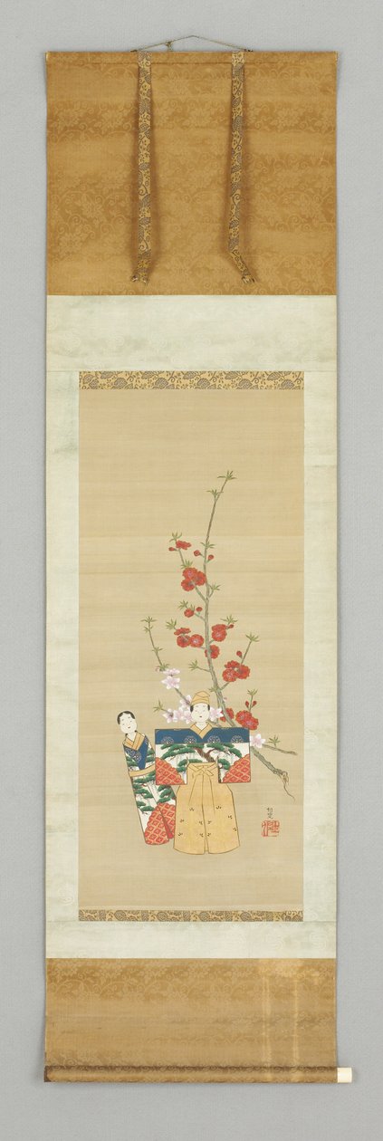Zwei japanische Puppen und ein blühender Zweig (spätes 18. Jahrhundert) von Japanese School