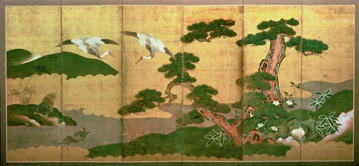 Zwei Kraniche tauchen hinter Kiefer und Felsen, Edo-Periode von Japanese School