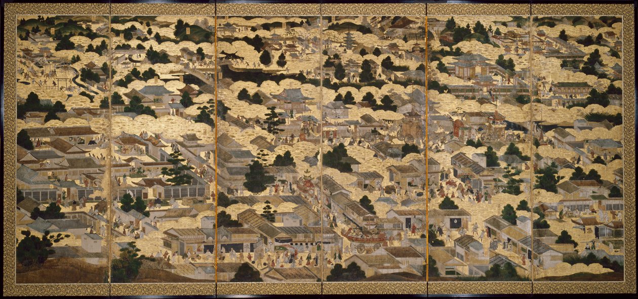 Ansichten in und um Kyoto (Rakuchu rakugai zu), ca. 1616-24 (Tinte, Farbe & Goldblatt auf Papier) von Japanese School