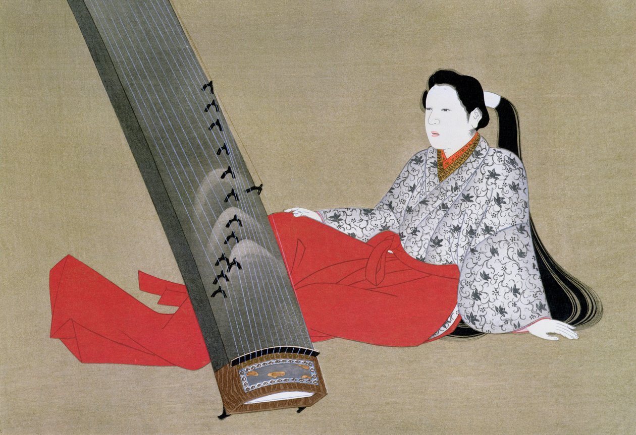 Frau spielt Koto, reproduziert in der Zeitschrift The Kokka, ca. 1896-97 von Japanese School