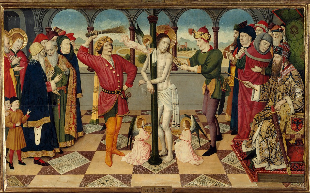 Die Geißelung Christi vor Pontius Pilatus. Detrempe auf Holz von Jaume Huguet dem Älteren von Jaume Huguet