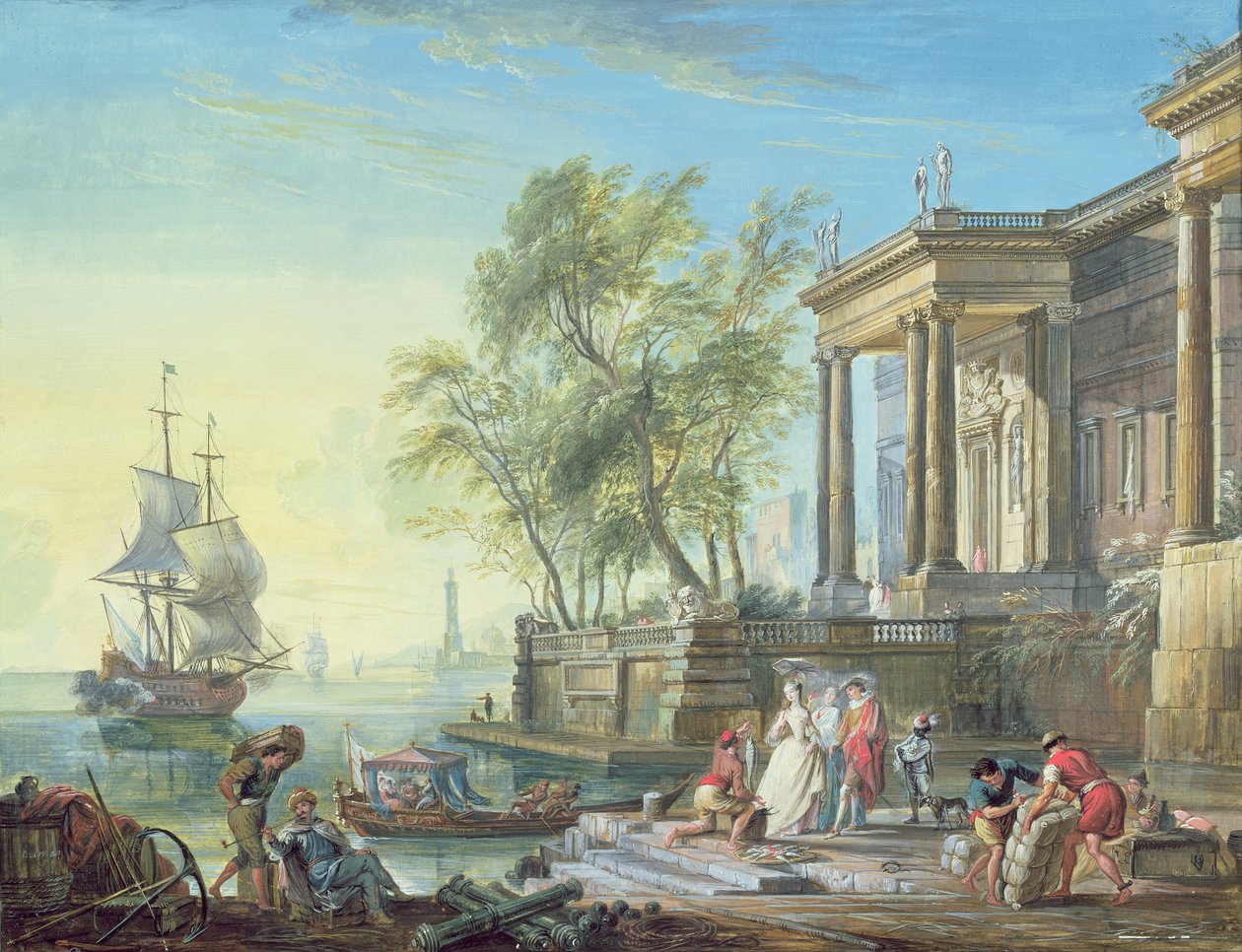 Hafenszene mit untergehender Sonne von Jean-Baptiste Lallemand