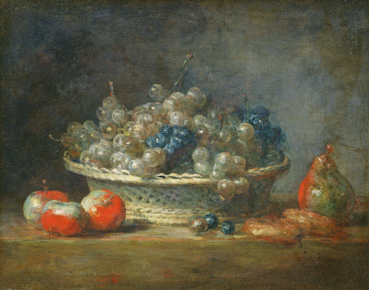 Stillleben: Traubenkorb mit drei Äpfeln, einer Birne und zwei Marzipanen, 1764 von Jean Baptiste Simeon Chardin