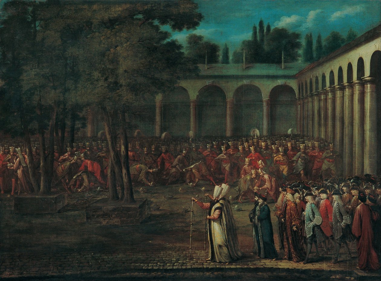 Die Botschafterdelegation passiert den zweiten Hof des Topkapı-Palastes von Jean Baptiste Vanmour