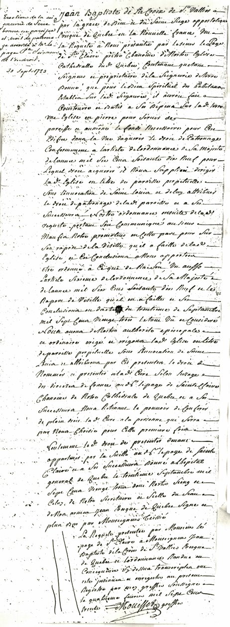 Dekret zur Errichtung der Pfarrei Saint-Louis-de-France de Terrebonne von Jean-Baptiste de La Croix