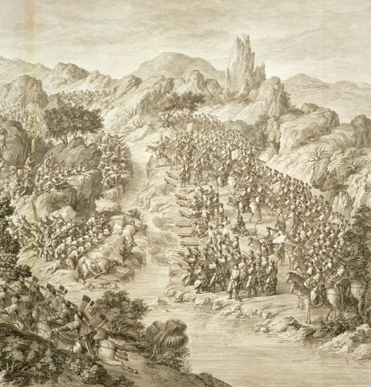 Die erste Schlacht zwischen der chinesischen Armee und der der Eleuths im Jahr 1759, Detail des Kampfes über den Fluss, Platte 10 aus einer Serie von Drucken, die die Eroberungen von Qianlong, dem Kaiser von China, darstellen von Jean Damascene