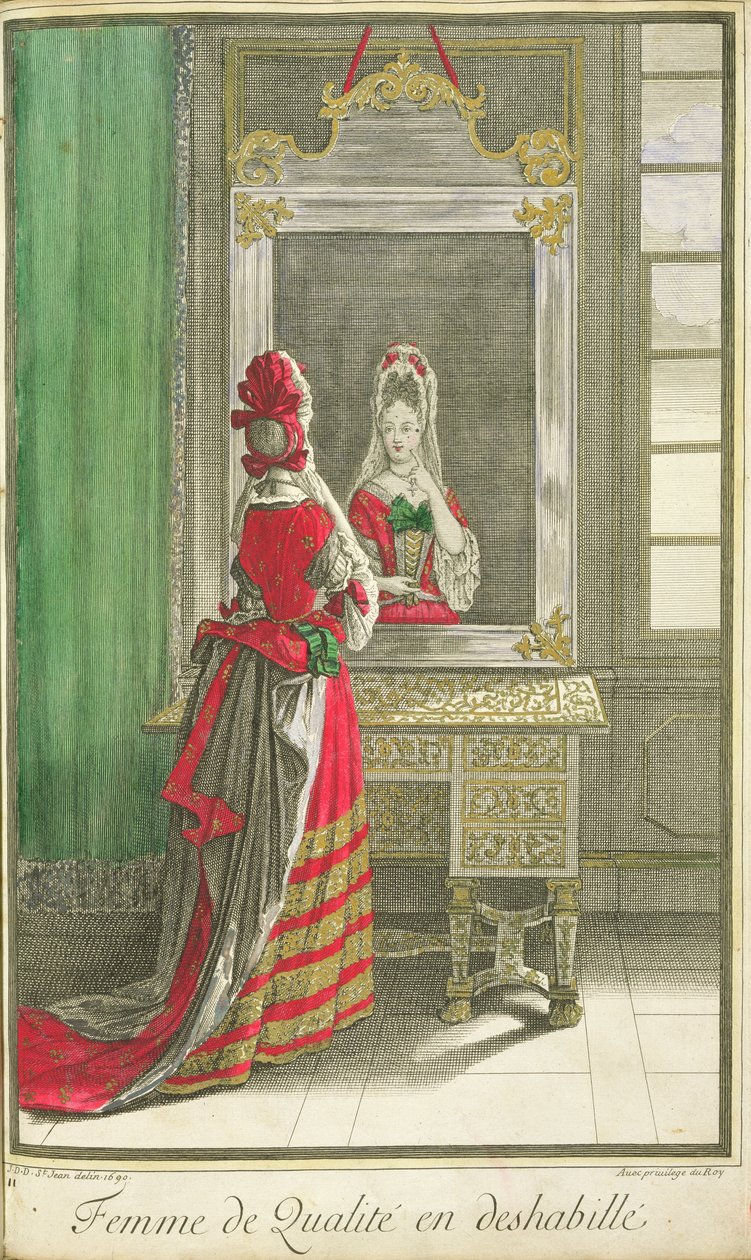 Dame, die in den Spiegel schaut, veröffentlicht um 1688-90 von Jean Dieu de Saint Jean