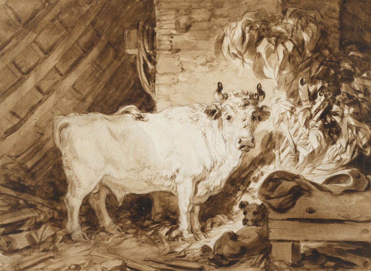 Weißer Stier und ein Hund in einem Stall von Jean-Honore Fragonard