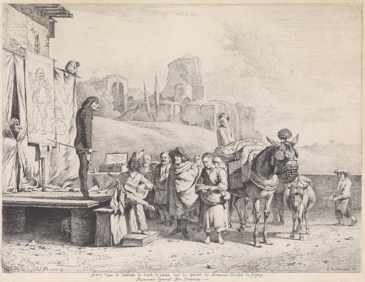 Theaterkarawane in einer italianisierenden Landschaft mit Ruinen von Jean Jacques de Boissieu
