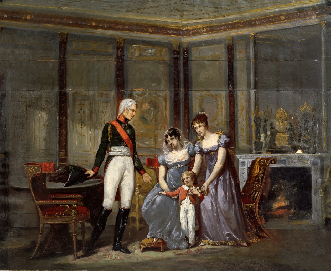 Die Kaiserin Josephine stellt ihre Tochter Hortense und ihren Enkel Louis-Napoléon (den zukünftigen Napoleon III.) dem Zaren Alexander in Malmaison im Mai 1814 vor (Vorzeichnung) von Jean Louis Victor Viger du Vigneau