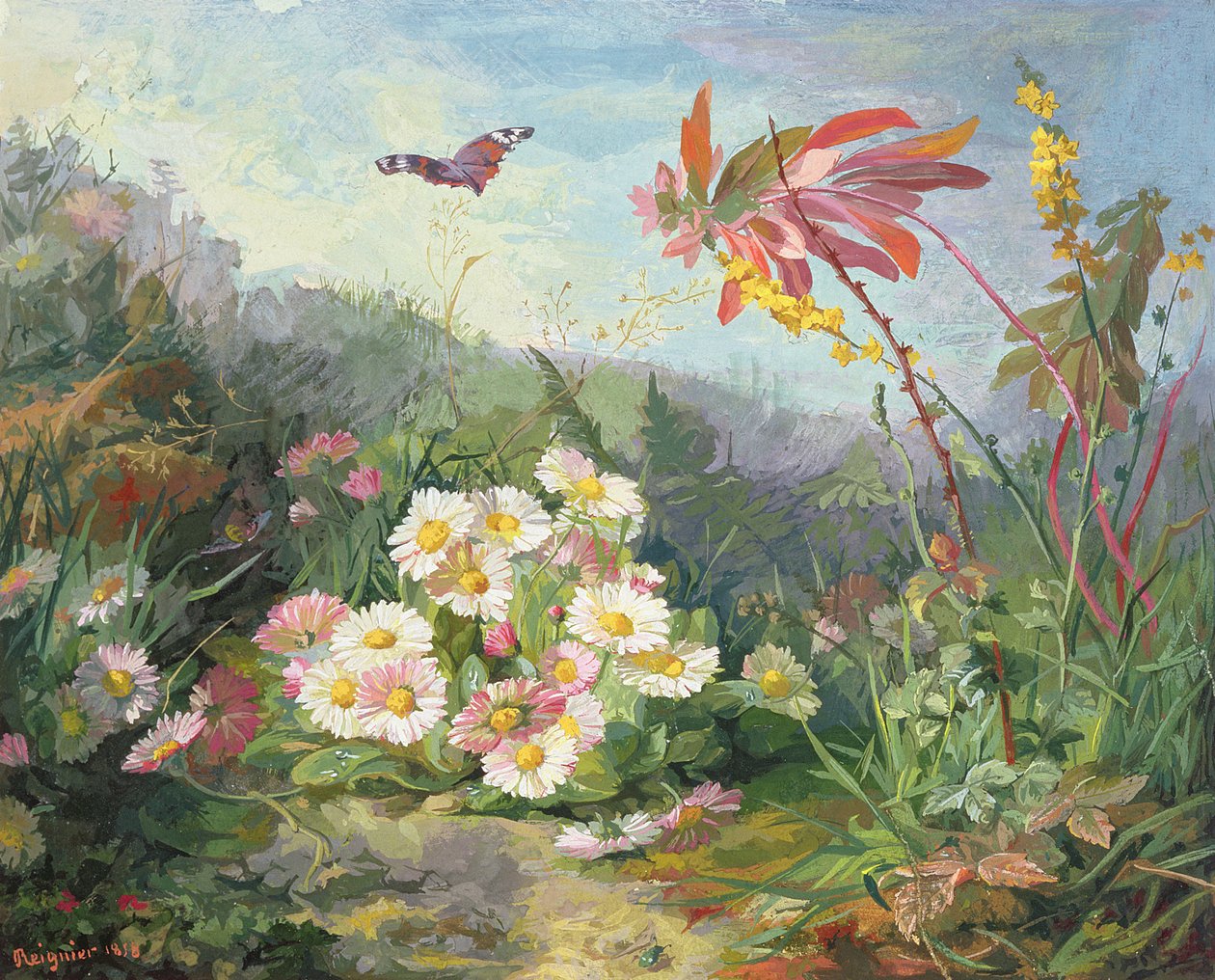 Wildblumen und Schmetterling, 1858 von Jean-Marie Reignier