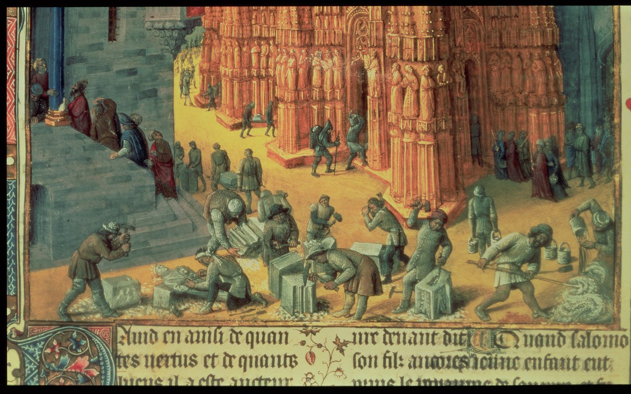 Der Bau des Tempels von Jerusalem, Detail zeigt Maurer bei der Arbeit, Illustration aus 