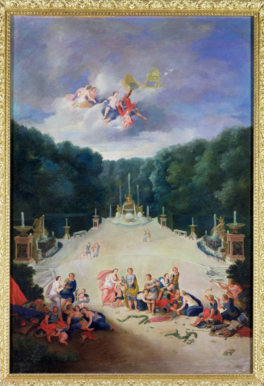 Die Haine von Versailles. Blick auf den Arc de Triomphe und Frankreich triumphierend mit Nymphen, die Gefangene vor Venus und Mars fesseln, 1688 von Jean the Younger Cotelle