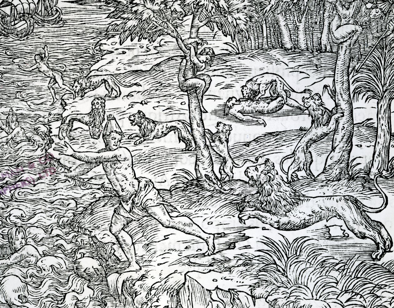 Löwen greifen Menschen an und fressen sie, Illustration aus 