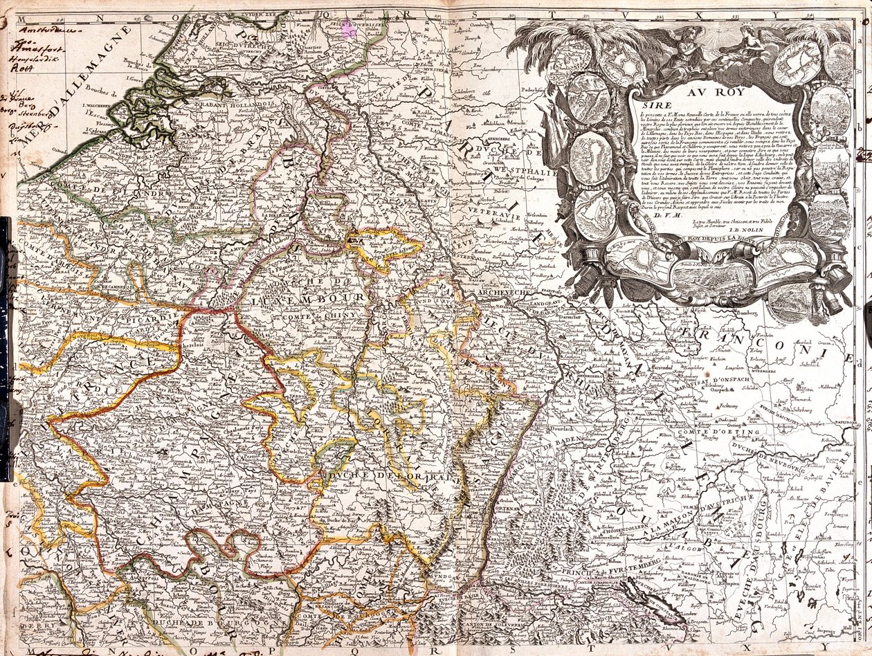 Südliche Niederlande, Belgien, Frankreich (Region: Nord-Pas-de-Calais, Picardie, Île-de-France, Ost-Zentrum, Nordburgund, Nordfranche-Comté, Champagne-Ardenne, Lothringen, Elsass), Schweiz (Kanton: Jura, Basel-Stadt, Basel-Landschaft, Solothurn, Aargau, Zü von Jean Baptiste Nolin