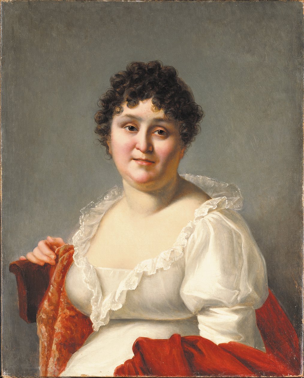 Porträt von Madame Regnault, Brustbild, in einem weißen Kleid und persimmonfarbenem Schal von Jean Baptiste Regnault