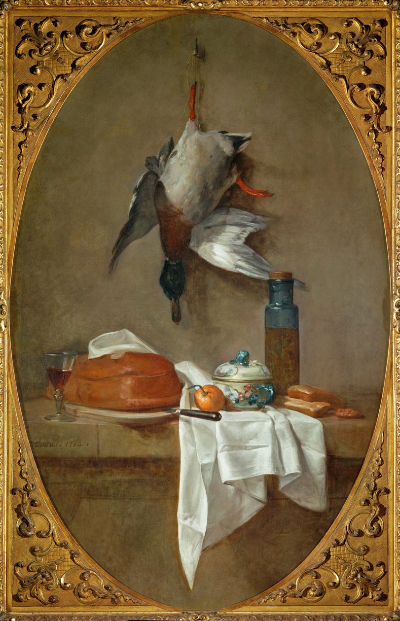 Ente, aufgehängt an einem Bein, Pastete, Schüssel und Topf mit Oliven von Jean-Baptiste Simeon Chardin