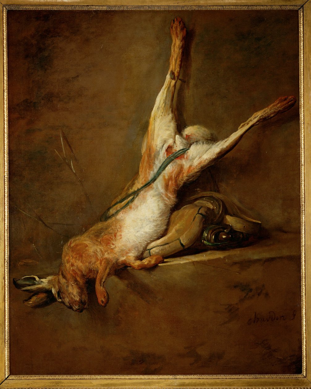 Toter Hase mit Pulverhorn und Jagdtasche von Jean Baptiste Simeon Chardin