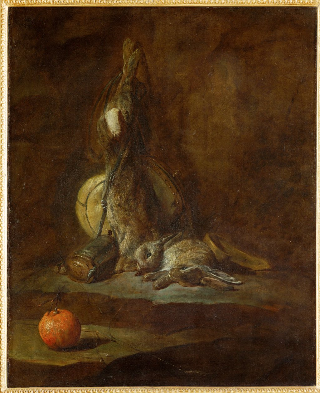 Zwei tote Hasen mit Jagdtasche, Pulverflasche und Orange von Jean-Baptiste Simeon Chardin
