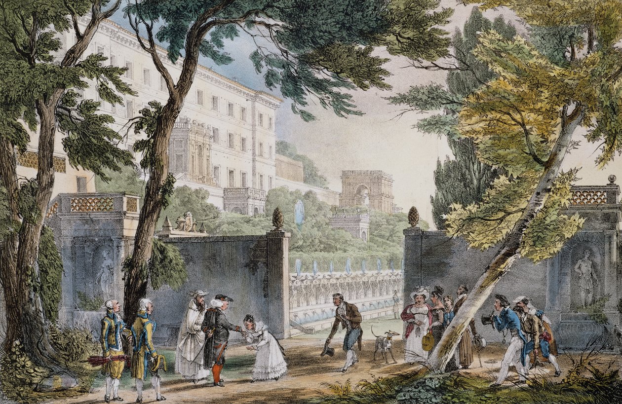 Galante Szene am Eingang zu einer Villa in Rom, ca. 1820, Gravur von Jean-Baptiste Thomas von Jean Baptiste Thomas