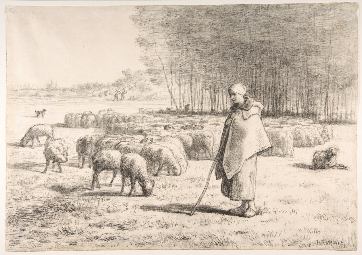 Eine Schäferin mit ihrer Herde von Jean-Francois Millet
