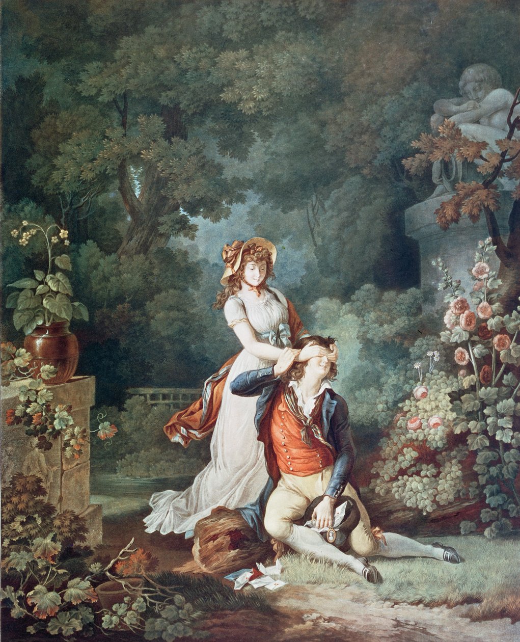 Der überraschte Liebhaber, graviert von Charles Melchior Descourtis von Jean Frederic (after) Schall