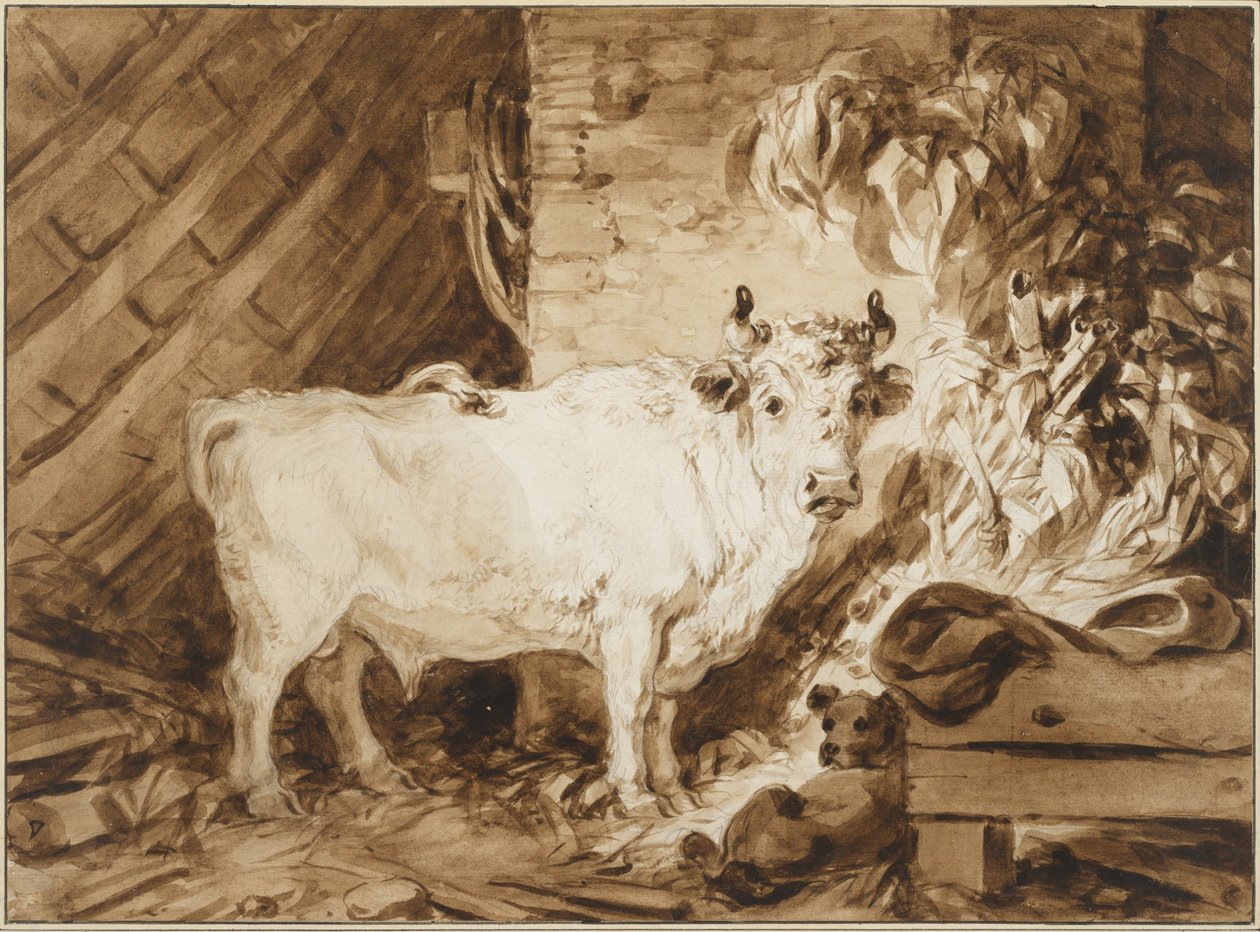 Weißer Stier und ein Hund im Stall von Jean Honore Fragonard