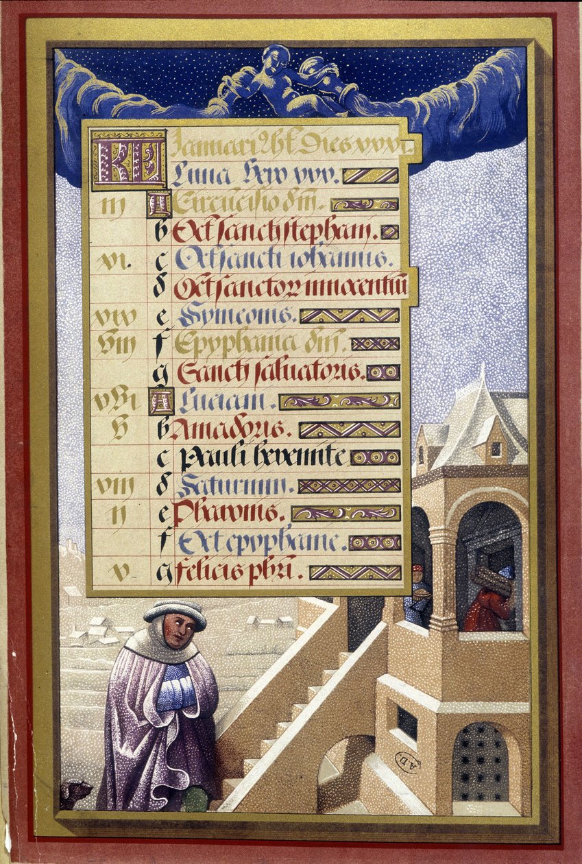 Januar: Haus im Winter (Wassermann) - Faksimile der Stunden von Anne von Bretagne, von Jean Bourdichon von Jean (after) Bourdichon
