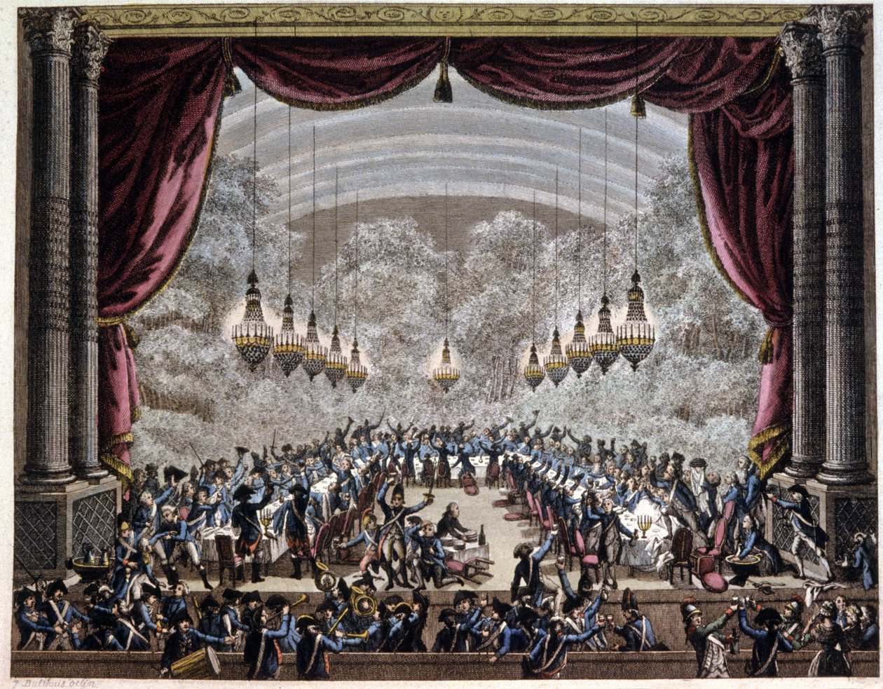 Französische Revolution: Bankett der Wachen in Paris, ca. 1750-1800 (Gravur) von Jean (after) Duplessis Bertaux