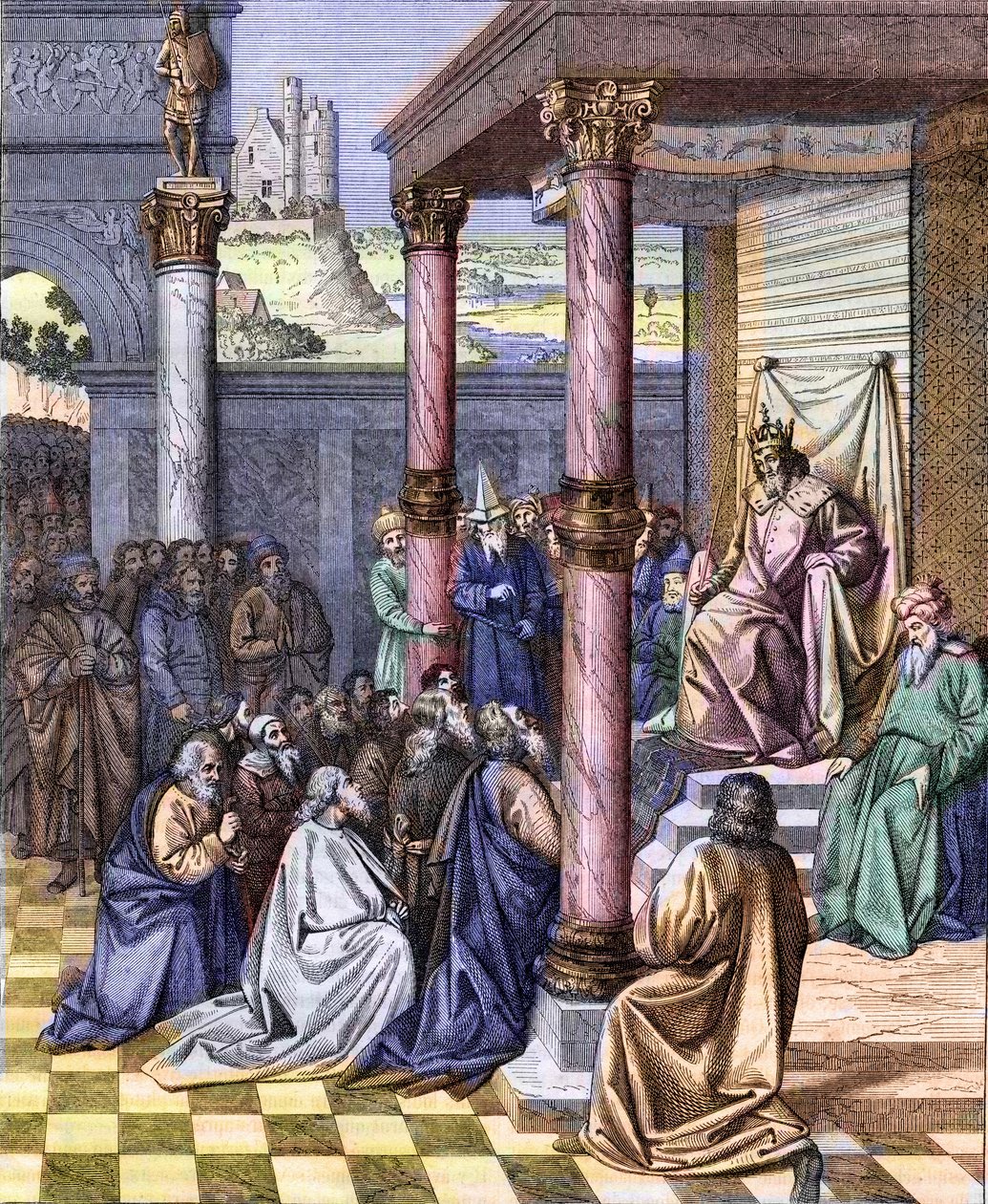 Cyrus II. der Große (580 v. Chr. - 530 v. Chr.), König von Persien, befreite die nach Babylon verbannten Judäer im Jahr 539 v. Chr. Gravur nach einer Miniatur von Jean (Jehan) Fouquet (ca. 1420 -1477/1481). Gravur von Chevignard von Jean (after) Fouquet