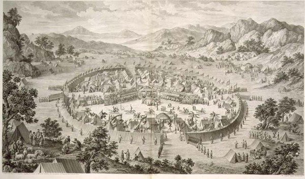 Tchao-Hoei beschäftigt seine Truppen mit Übungen und Militärspielen im Jahr 1758, Tafel 5 aus einer Serie von Drucken, die die Eroberungen von Qianlong, dem Kaiser von China, darstellen, graviert von Pierre Philippe Choffard 1772 von Jean (d.1781) (after) Damascene