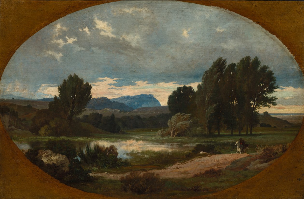 Landschaft mit Reiter auf weißem Pferd von Jean Achille Benouville