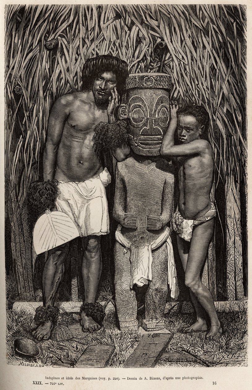 Ein Bewohner der Insel Hiva-Oa und sein Sohn, umgeben von einem geschnitzten Holzidol, das den Gott Tiki darstellt, im Archipel der Marquesas-Inseln, graviert nach einer Zeichnung von A. Rixens zur Illustration der Erinnerungen an den Pazifik, 1872-1874, v von Jean Andre Rixens