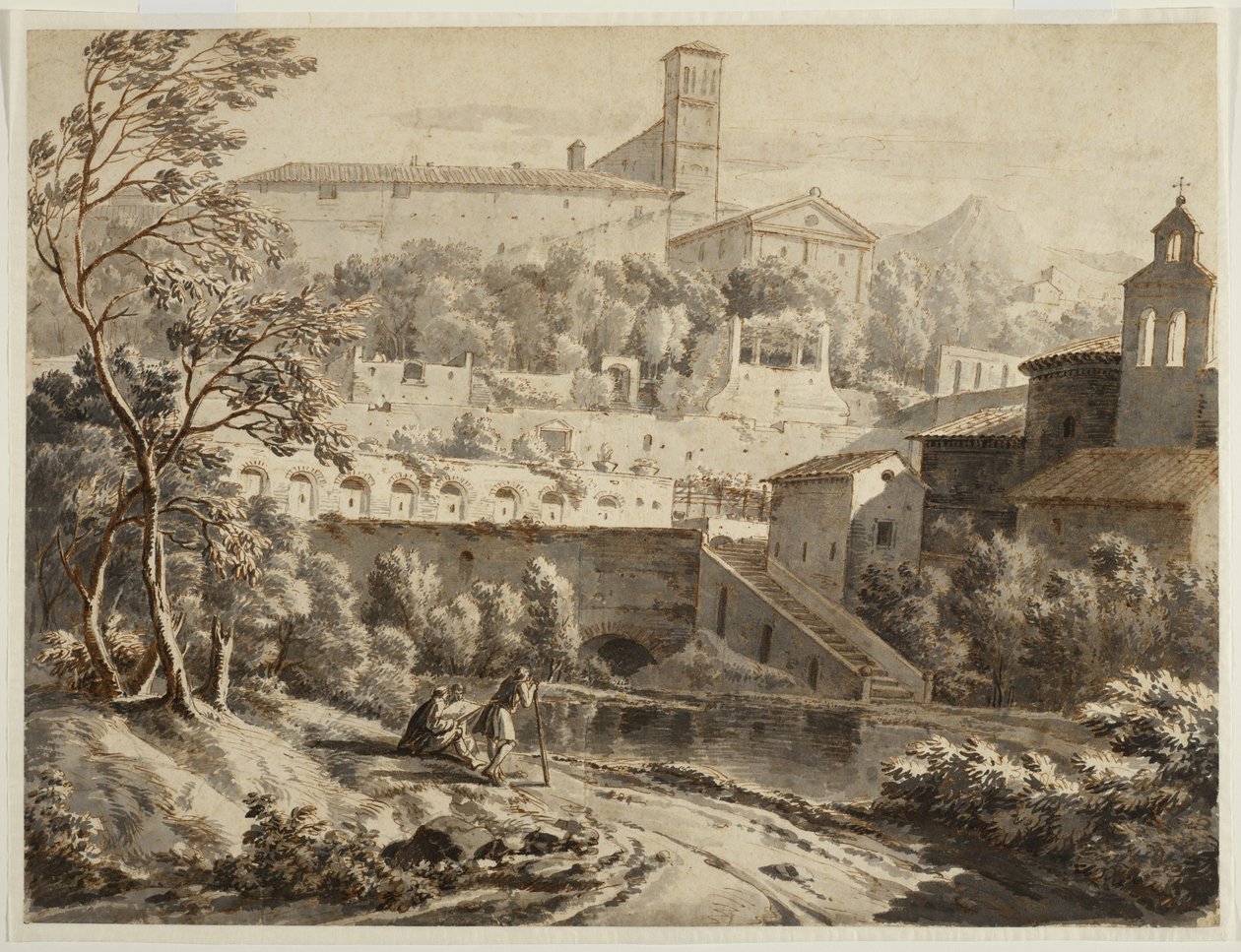 Ein Künstler skizziert an einem Flussufer, unterhalb einer italienischen Stadt, um 1780 von Jean Antoine Constantin
