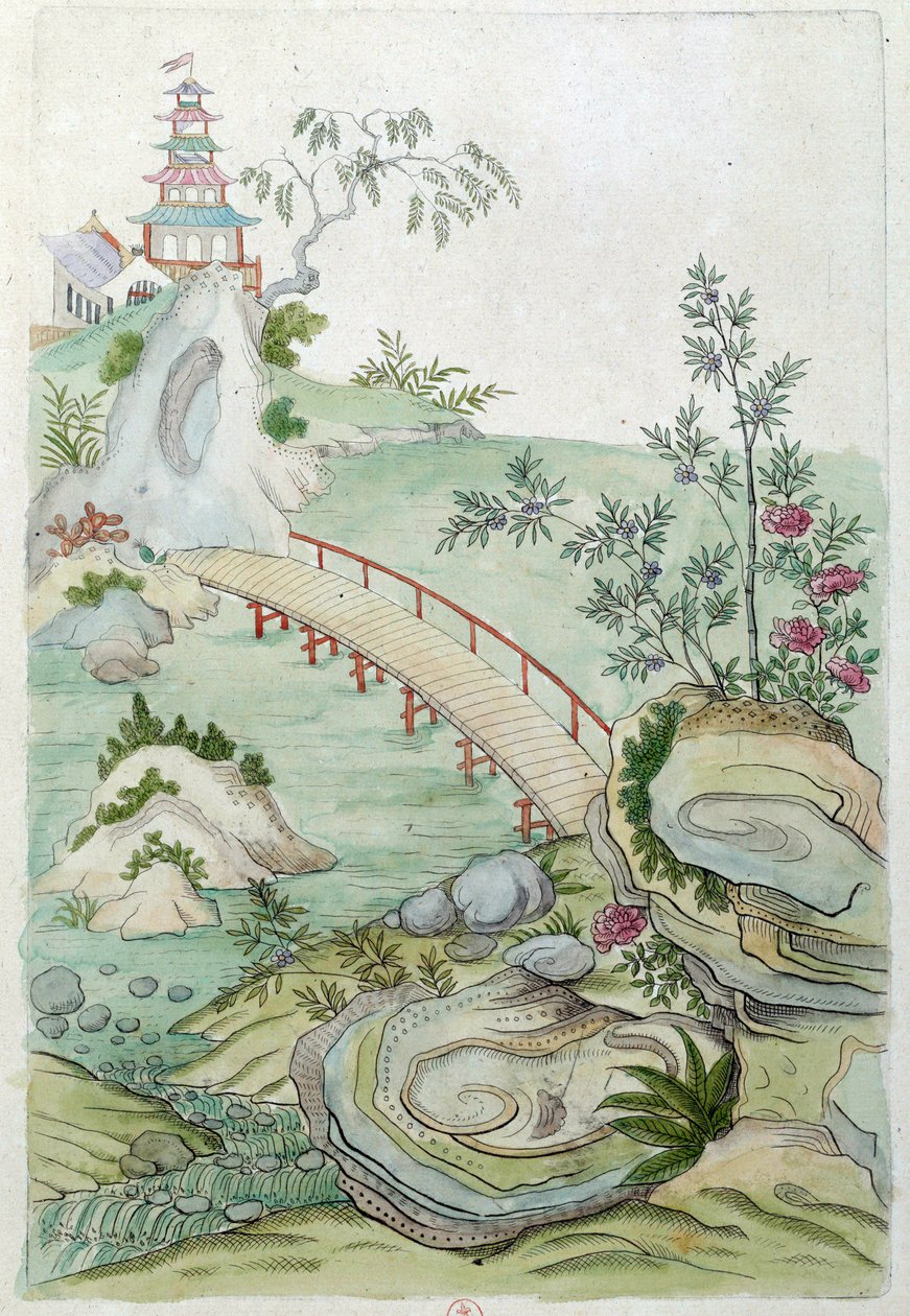 Zeichnung von einer chinesischen Vase: Landschaft mit Brücke von Jean Antoine Fraisse